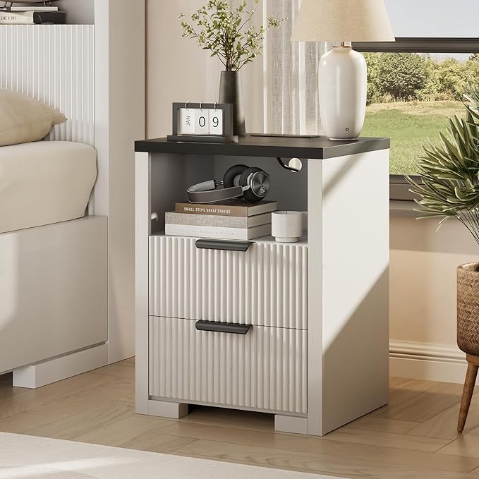 Fluted Nightstand with Charging Station, Night Stand with 2 Drawers, End Table with Storage, Bed Side Table for Bedroom, Modern Nightstand for Living Room, White