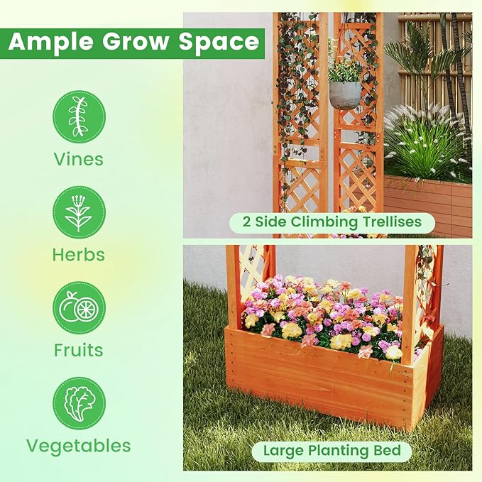 MAT EXPERT Raised Garden Bed with Trellis & Hanging Roof, Lattice Panel with Drainage Hole for Flower, Climbing Plant, Herb, Planter Box for Garden, Patio, Yard (2, 31" L x 14" W x 60" H)