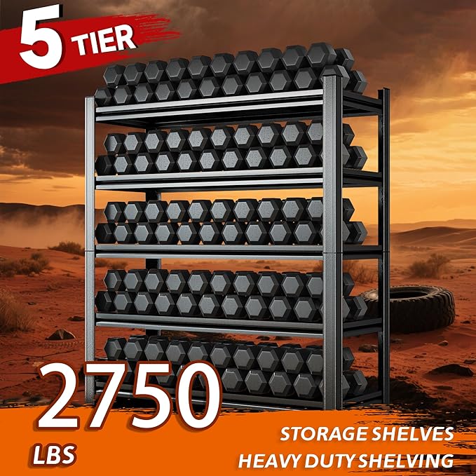 Heavy Duty 5-Tier Shelving Unit 2750LBS Capacity - Adjustable Steel Garage Shelves for Warehouse, Basement Storage(71''H x 45.3''W x 15.7''D)