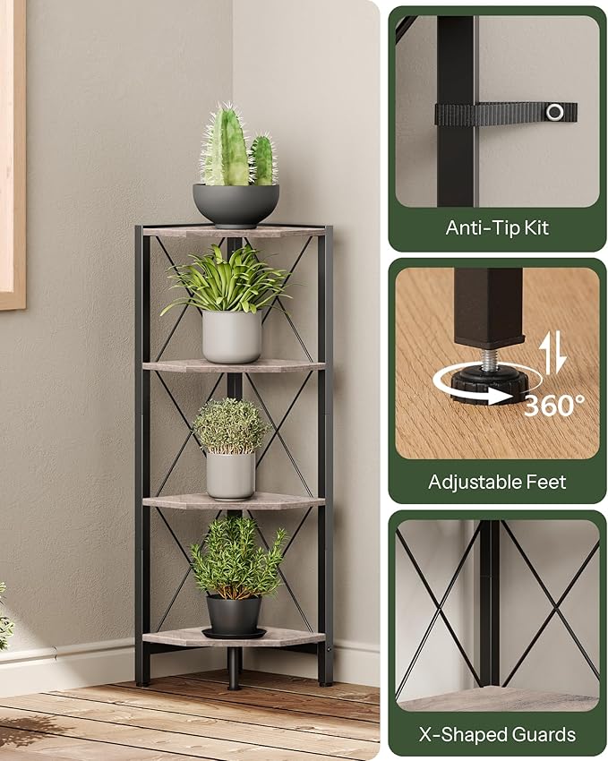 4-Tier Corner Shelf, Corner Bookcase, 43.3" Tall Vertical Display Rack, Plant Stand, Open Storage Shelf, for Living Room, Bedroom, Study, Kitchen, Greige and Black TCJ14BG