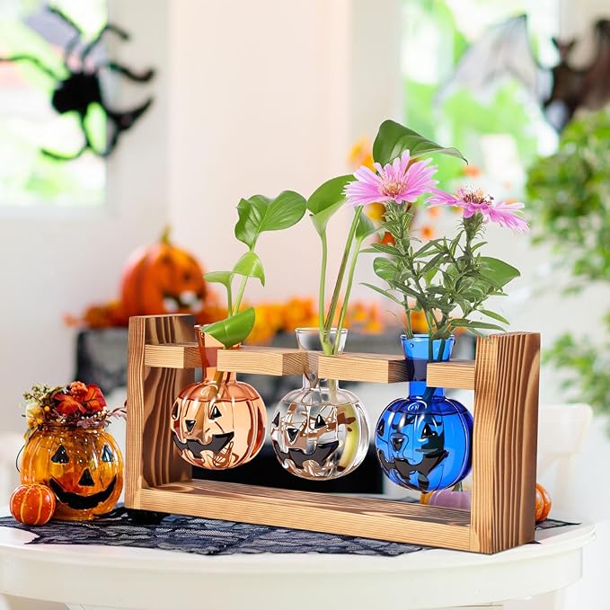 Halloween Plant Propagation Stations Plant Terrarium with Wooden Stand Hydroponics Glass Vase Planter for Halloween Home Office Garden Table Decoration(Pumpkin)