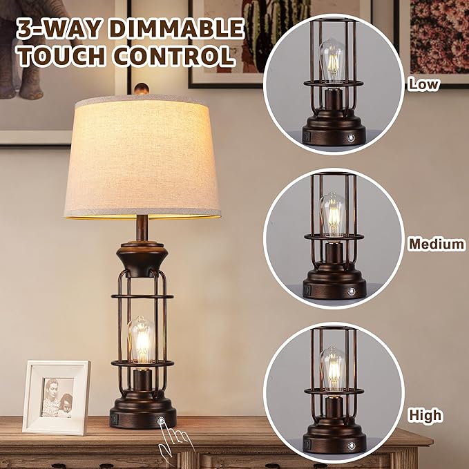 Table Lamps for Living Room Set of 2, 28.5" Farmhouse Lamps for Nightstand with USB C+A Ports, Touch Lamps for Bedroom, LED Bulbs Included