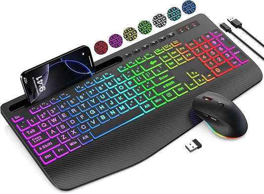 SABLUTE Wireless Keyboard and Mouse Combo, 9 Backlit Effects, Large Print, Wrist Rest, Phone Holder, 2.4G Lag-Free Ergonomic Keyboards, Rechargeable Easy to See Cordless Set for Computer, Laptop, PC