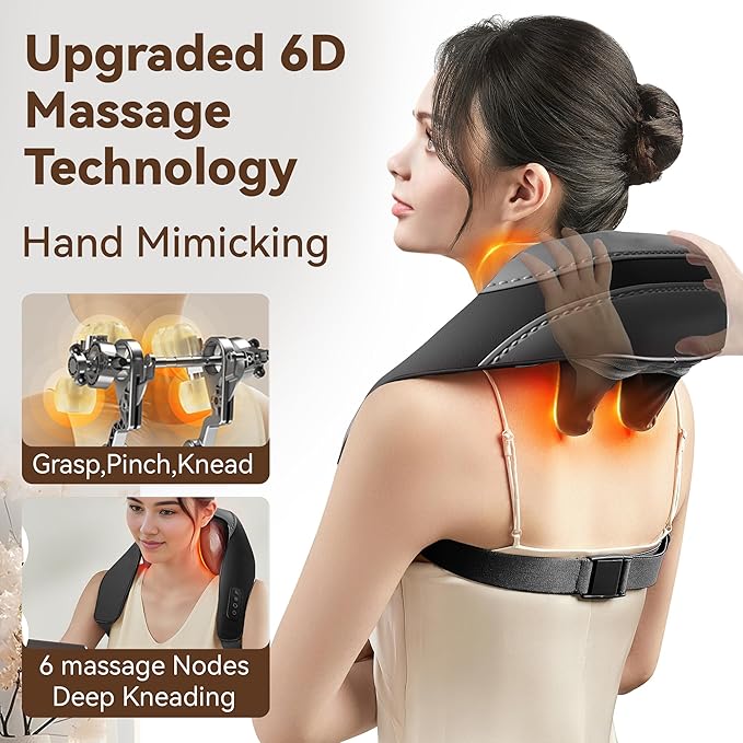 Shiatsu Neck and Shoulder Massager With Heat for Pain Relief, Deep Tissue Back Massager, Portable for Neck and Back, Gifts for Men and Women (Black With Leather Handbag)