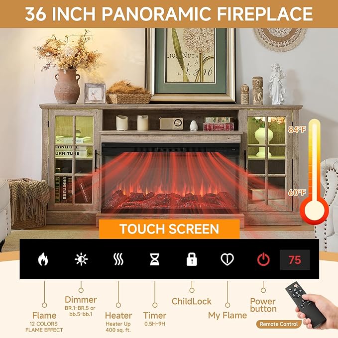 ROCKPOINT 3 Sided Glass 70" Fireplace TV Stand for TVs up to 80inch, Media Entertainment Center with Glass Door Storage Cabinet,36" Electric Fireplace with LED Light and Flame Colors,Grey
