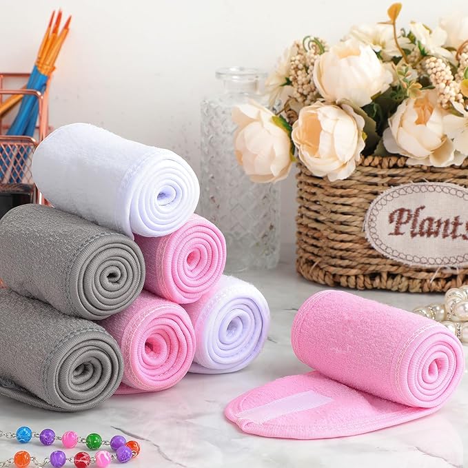 Hoteam 30 Pack Spa Headband Facial Esthetician Hair Wrap for Women Adjustable Makeup Sports Shower Stretch Towel with Tape(Pink, Gray, White)