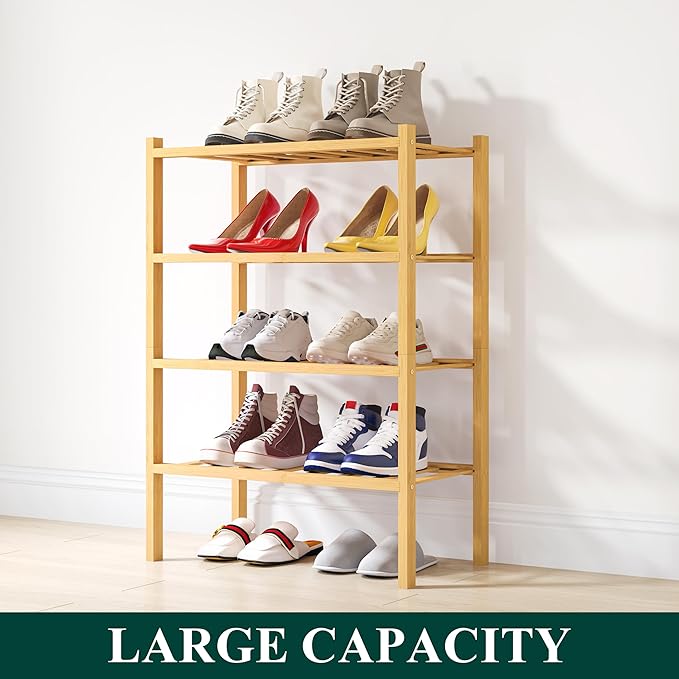 Smiry Shoe Rack, 4 Tier Small Bamboo Shoe Organizer, Stackable Free Standing Wooden Shoe Storage Shelf for Closet, Entryway, Front Door Entrance, Natural