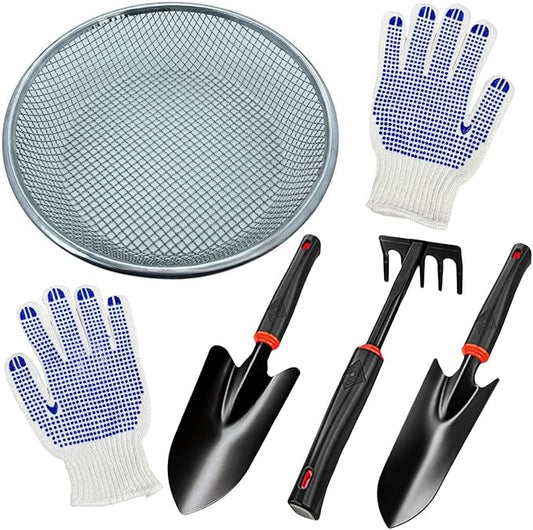 Garden Tool Set, Includes 1/4-inch Mesh Gardening Sifter, Trowel, Transplanter, and Cultivator for Outdoor Gardening, Ergonomic Yard Tool Kit