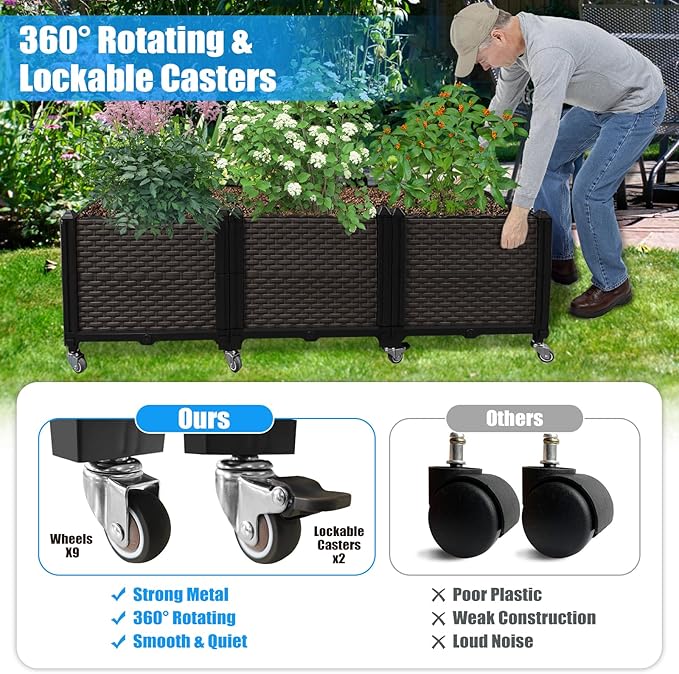 Raised Plant Box with Wheels 47.2"x15.7"x16.1", Raised Beds for Gardening Self Watering, Durable Metal Lockable Casters, Rectangular Garden Planter Perfect for Garden Patio Balcony Deck