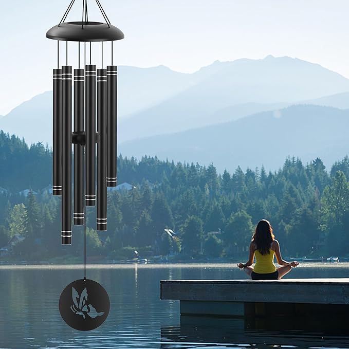 38" Large Metal Wind Chimes for Outside Deep Tone, Memorial Hummingbird Wind Chimes Outdoor with 6 Heavy Tubes for Patio,Garden Hanging Décor,Sympathy Gifts, Black