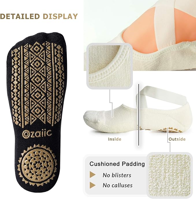 Ozaiic Yoga Socks for Women Non-Slip Grips & Straps, Ideal for Pilates, Pure Barre, Ballet, Dance, Barefoot Workout