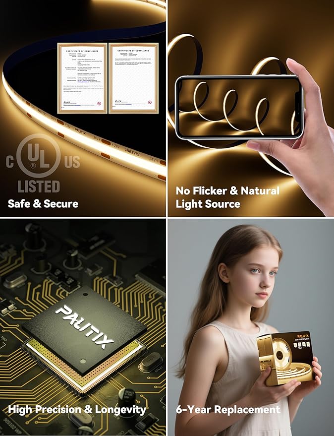 PAUTIX COB LED Strip Light 16.4ft,Engineering Level UL Listed Warm White 2700K,CRI93+ Super Bright High Lumen,Dimmable 24V Flexible LED Tape Light with RF Remote,for Cabinets,Home&Office DIY Lighting