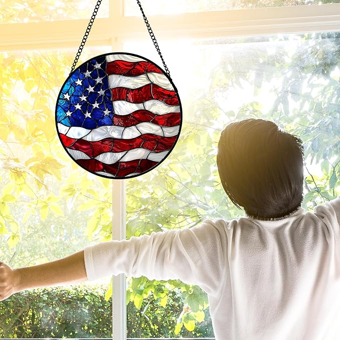 Stained Glass Window Hanging, Blue, White Red National Flag Pattern Sun Catchers Diamond Glass Panel Window Hangings Decor for Birthday Gifts for Women, Men, and Mom 7.8x7.8 in