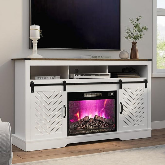 RoyalCraft Farmhouse Fireplace TV Stand for 65+ TV, Entertainment Center with 23" Electric Fireplace with Remote, 34" Tall Modern Rustic TV Console with Sliding Bar Door for Living Room, Antique White