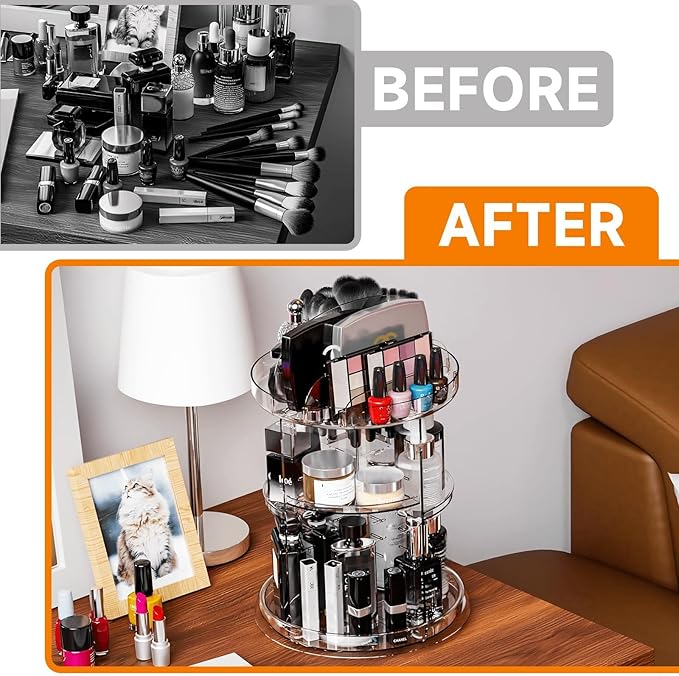 Yieach 360 Rotating Makeup Organizer for Vanity,Clear Spinning organizer and Make up organizers for Counter,Adjustable Lazy Susan Bathroom Organizer for Beauty Product and Skin Care Storage Carousel