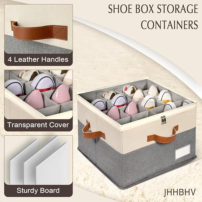 1 Pack Shoe Organizer for Closet, Adjustable Shoe Box Storage Containers, Large Foldable Shoe Bins with Clear Cover, Space Saving Shoes Holder with 4 Handles, Fits 8-16 Pairs, Beige