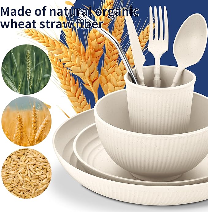 Wheat Straw Dinnerware Sets,56-Piece Beige Plates and Bowls Sets for 8-Unbreakable,Reusable Plastic Dish Set-Dinner Plate/Cereal Bowl/Cup/Utensils-Microwavable Dishwasher Safe 56P-Beige