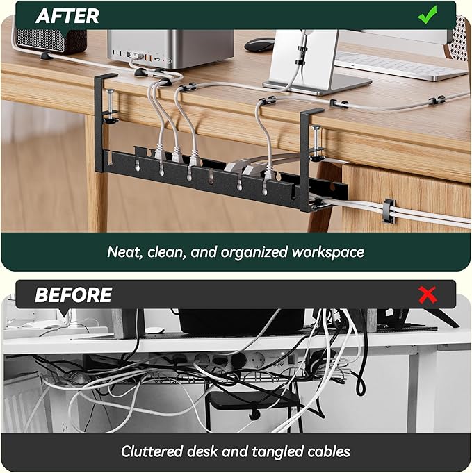 Under Desk Cable Management Tray, Extendable 11.2" to 21.6" Cable Management Under Desk Tray, No Drill with Clamp for Home Office