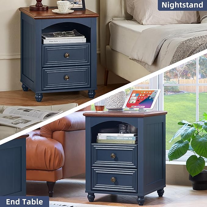 18" Farmhouse Night Stand with Charging Station, Blue Wood Nightstand with 2 Drawers, Bedside End Table with Shelf Storage, Bed Side Tables Cabinet for Bedroom, Living Room, and Closet
