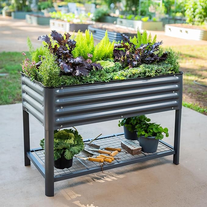 Elevated Raised Garden Bed-V Series, 2' x 4' Garden Beds with Legs & Storage Rack for Patio Porch, 700 Lbs Weight Capacity, Outdoor Planter Boxes for Gardening Herbs Vegetables Flowers, Pearl White