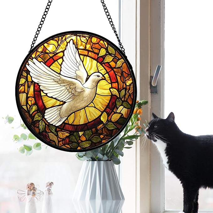 Stained Glass Window Hanging, Flying White Dove Sun Catchers Diamond Glass Panel Hangings Cute Birds Suncatcher Decor for Birthday for Women, Men, Wife, Aunt, and Mom 14.9 in