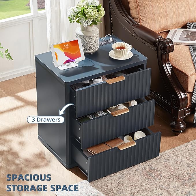 LEYAOYAO 23" Wide Fluted Farmhouse Night Stand Set of 2 with Charging Station, 3 Drawers Large End Table w/Metal Handle,Nightstand Bedside Table,Wood Dresser for Bedroom, Closet,Blue