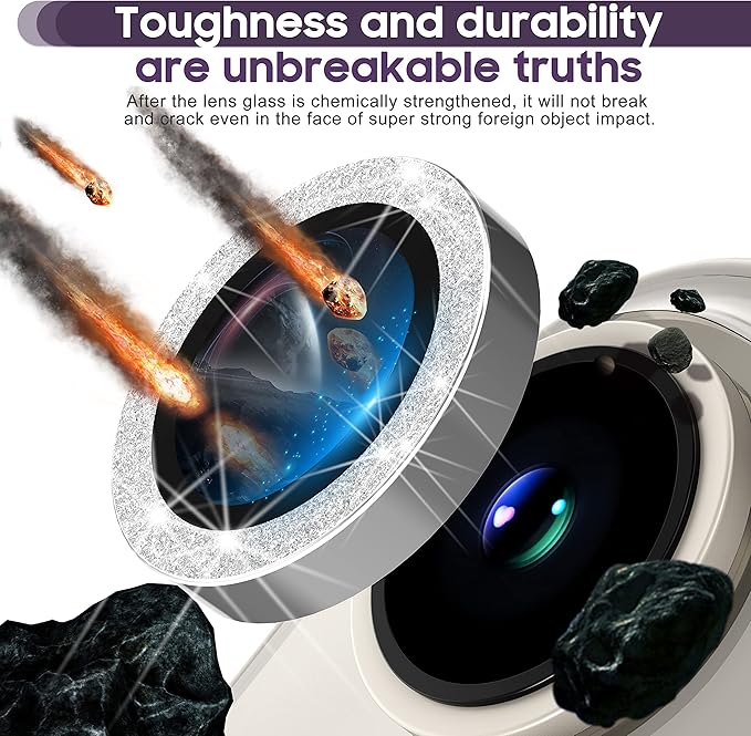 Suoman for iPhone 14 6.1 inch / 14 Plus 6.7 inch Camera Lens Protector, 9H Tempered Glass Film, Metal Frosted Independent Protective Cover [Glitter Diamonds]- Silver