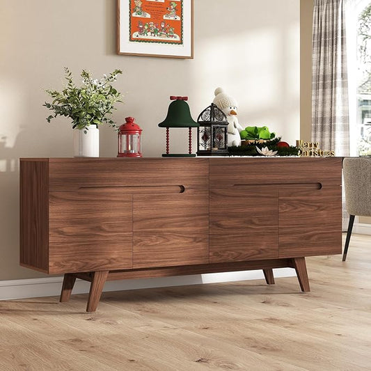 ANJ TV Stand for 80 inch TV, Mid-Century Modern TV Console with Storage Cabinet, Wooden Television Furniture for Living Room, Entertainment Center with Adjustable Shelf Design, Walnut