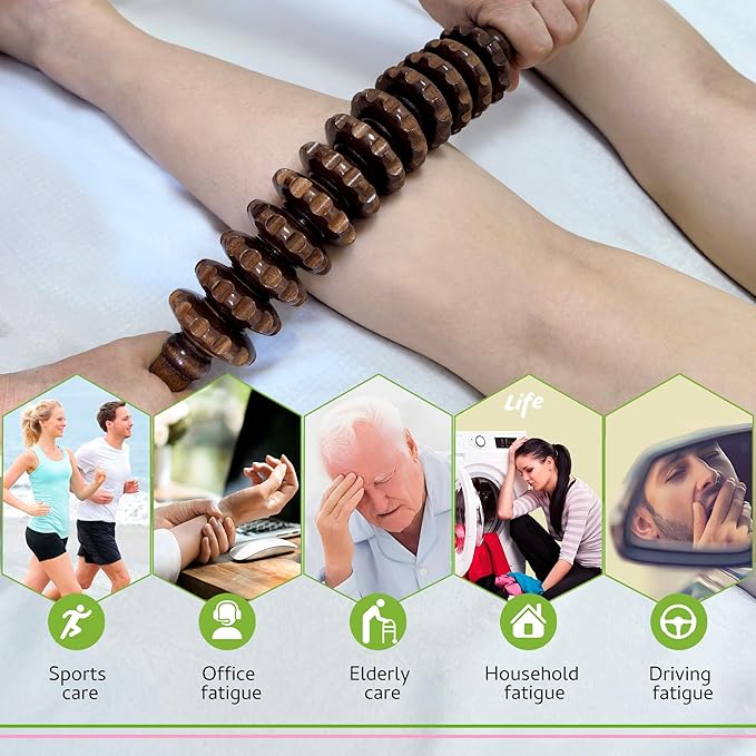 Wooden Curved Handheld Roller Stick Massager - 12 Rollers Wood Therapy Tool for Trigger Point, Fascia & Cellulite Reduction, Lymphatic Drainage, Muscle Tension Relief & Body Shaping (Brown)
