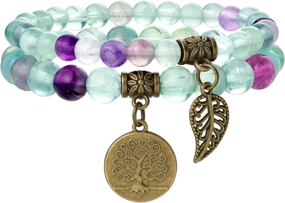 Bivei Natural Semi Precious Gemstone beads bracelet for women - Life Tree and Leaf Charm Energy Reiki Crystal Stretch Bracelets