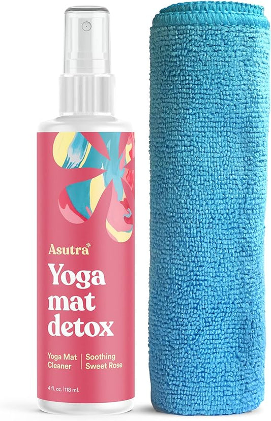 ASUTRA Yoga Mat Cleaner Spray (Soothing Sweet Rose), 4 fl oz - No Slippery Residue, Organic Essential Oils, Deep-Cleansing for Fitness Gear & Gym Equipment, Microfiber Towel Included