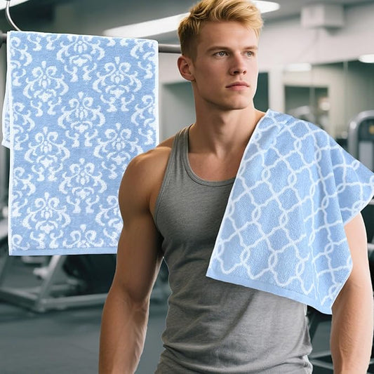 Workout Sweat Towels for Men & Women, Cotton Gym Towels Set of 2, 14"x31" - Absorbent | Breathable | Soft - Exercise Towel for Yoga, Shower, Tennis, Running & Fitness, Blue Damask and Checkered