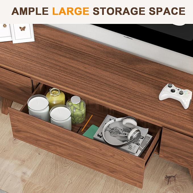 ANJ Mid Century TV Stand, Modern Long TV Console for 80 inch TV, Entertainment Center with Ample Large Storage Cabinet, Wooden Television Furniture for Living Room (Walnut 70")