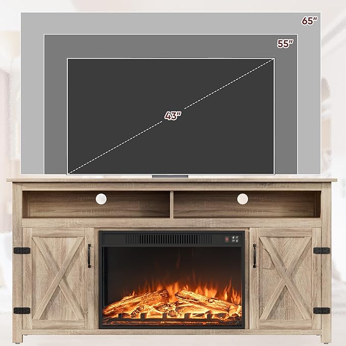 JUMMICO Fireplace TV Stand for TVs Up to 65+ Inch Entertainment Center with Open Storage Shelves and Side Cabinets, Media Console Table with Barn Doors for Living Room (Pale Yellow)
