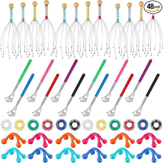 Geiserailie 48 Pack Head Scratcher Scalp Massagers, Extendable Back Scratchers, Four Point Massage Tools, Finger Massager Rings for Deep Relaxation Stress Relief Hair Stimulation Men Women Adult Gifts