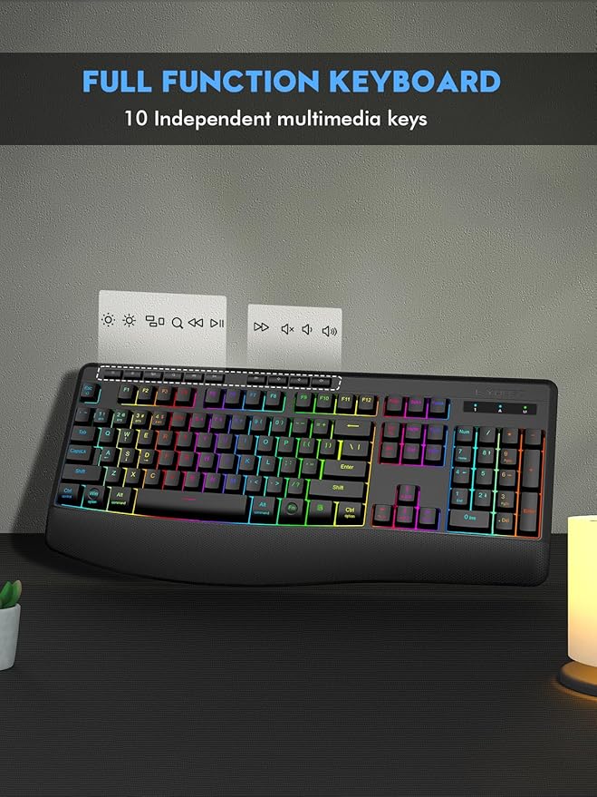 E-YOOSO RGB Wireless Keyboard, 3-Mode (2.4G/BT/USB), 9 Effects Backlits, Light Up Letters, Rechargeable Ergonomic Computer Silent Keyboard with Wrist Rest for Windows, Mac, PC, Laptop, Games