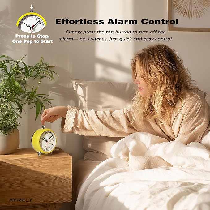 AYRELY® 4" Loud Analog Alarm Clock, Retro Metal Table Clock Battery Operated, Silent Non-Ticking Desk Clock with Alarm Switch Button for Bedroom, Bedside, Shelf, Office (Yellow)