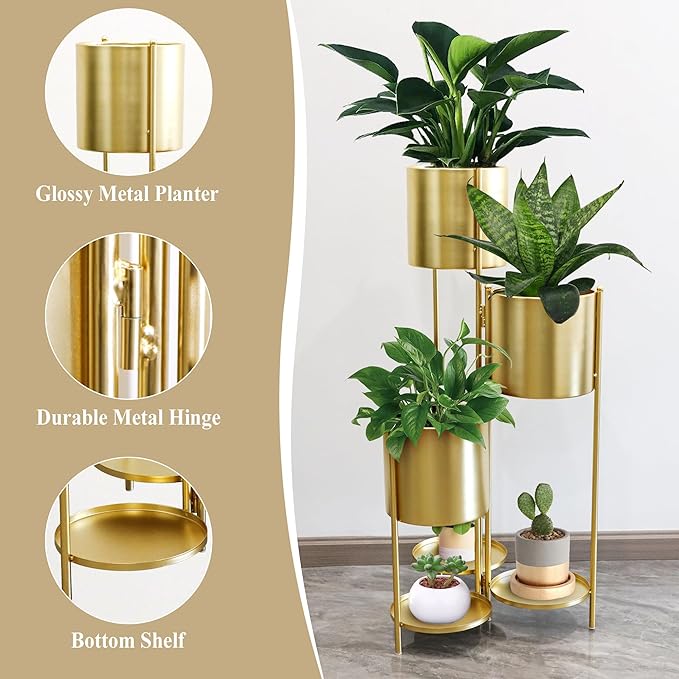 TRIROCKS Metal Plant Stand 6 Tier 6 Potted Indoor Flower Pot Stand Holder Shelf Outdoor Foldable Decorative Storage Shelf Rack for Multiple Potted Plants Patio Garden Living Room Corner(Gold)