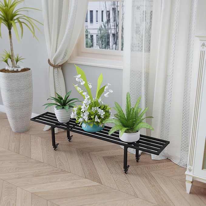 Zhongma One Tier Metal Plant Stand with Wheels,(45.67 L x 8.66 W x 10.3 H) Heavy Duty Plant Holder for Home, Window,Garden, Plant Lovers, Display Stand