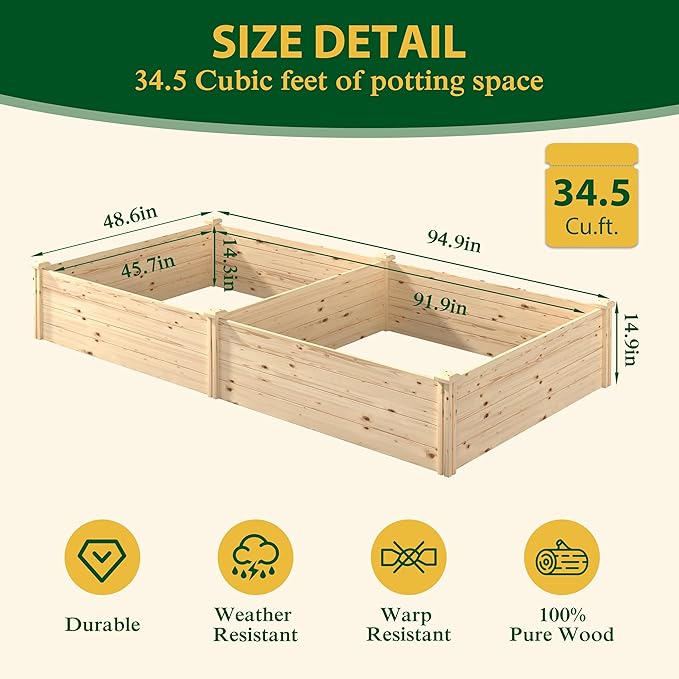8x4x1.25 FT Outdoor Wooden Raised Garden Bed, Elevated Planter Garden Box Stand Garden Bed Planter for Vegetables, Flowers, Herbs, Ideal for Outdoor Gardening with Open Base, Natural