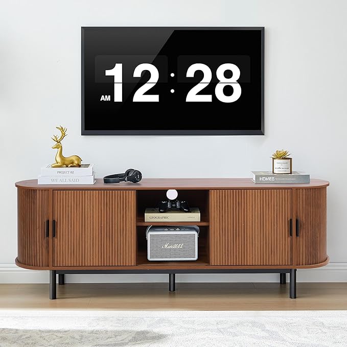63" Fluted TV Stand for 65/70 Inch, Mid Century Modern Console With Sliding Doors, Curved Gaming Entertainment Center, Media Console for Living Room, Bedroom (Walnut, 63inch-4doors)