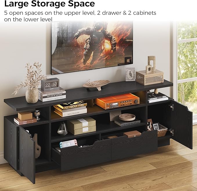 IRONCK TV Stand for TVs 85 inch with Power Outlet and LED Lights, Entertainment Center with Storage Cabinets, Media TV Console with Drawers, Modern TV Stand for Living Room, Black