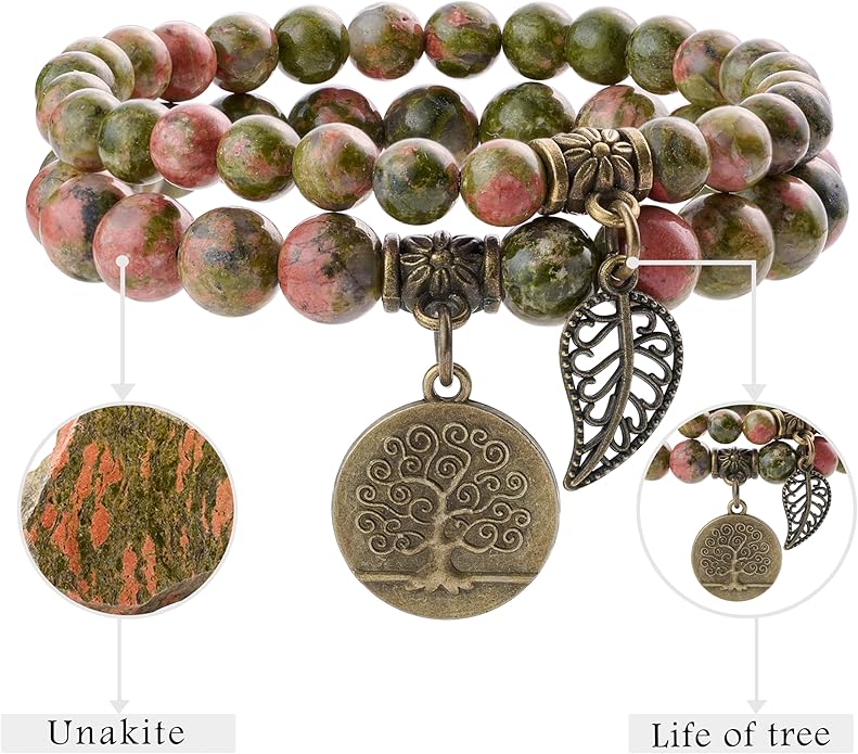 Bivei Natural Semi Precious Gemstone beads bracelet for women - Life Tree and Leaf Charm Energy Reiki Crystal Stretch Bracelets