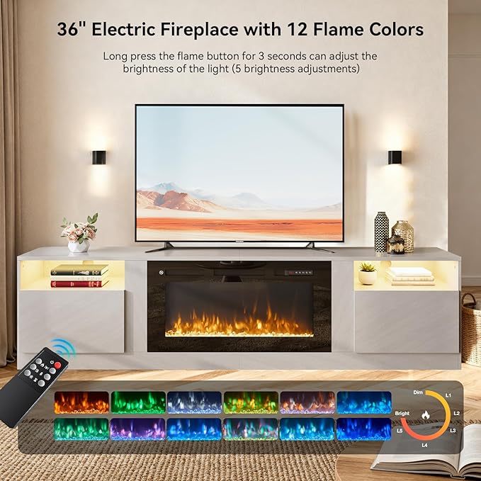 80” TV Stand with 36” Electric Fireplace, Large Modern Media Entertainment Center with Storage Cabinet and 12 Colors LED Lights for TVs Up to 90",Grey and Black