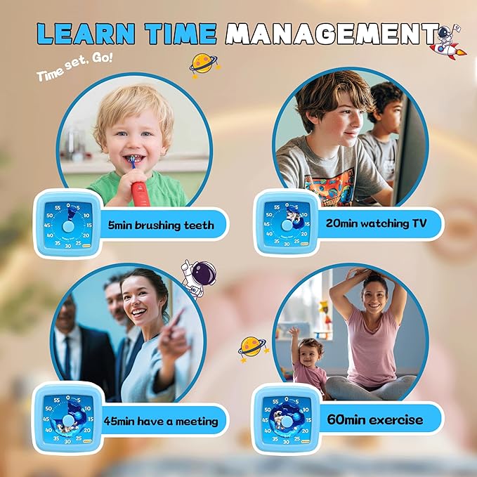Visual Timer for Kids, 60-Minute Countdown Timer for Classroom Office Kitchen, Pomodoro Timer Spaceman Pattern, Time Management Tools with Silent Operation,Desk Time Clock for Kids and Adults