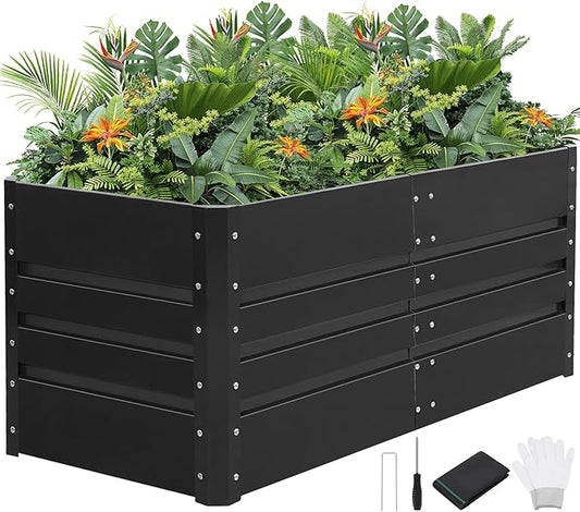 G GOOD GAIN 4x2x1.8ft Raised Garden Bed - Metal Planter Box Outdoor with Weed Barrier Fabric | Deep Root Raised Beds for Gardening Vegetables Flowers Herb Fruits (Dark Gray)