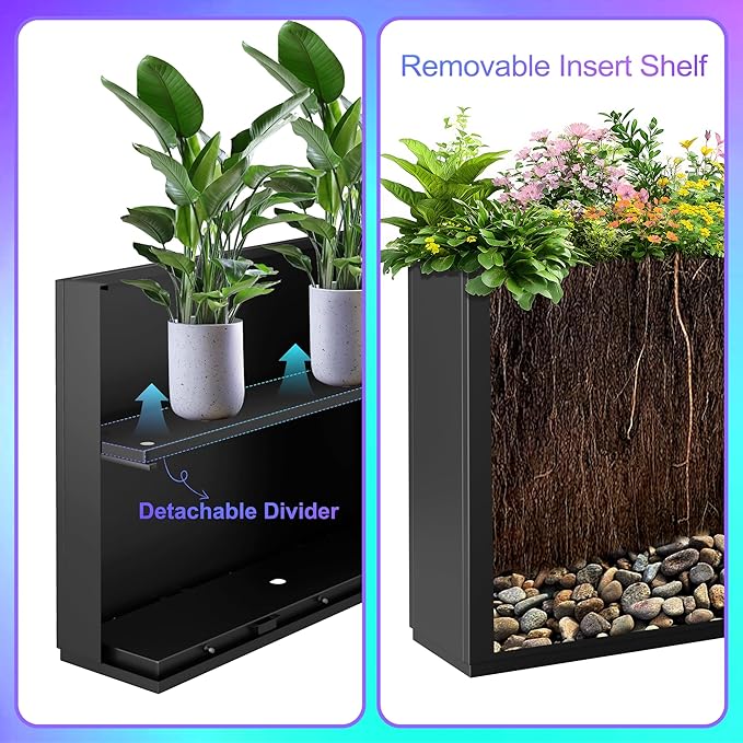 Tall Metal Planter, 10" W×16.3" H Large Rectangular Planter Box for Outdoor or Indoor, All-Weather Durable Plant Box with Drainage Holes & Removable Shelf for Patio, Porch, Garden, Trees, Flowers