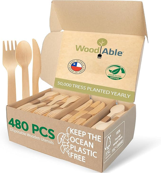 Disposable Wooden Cutlery Set - 100% Home Compostable - 480 Mix (240 Forks, 80 Spoons and 160 Knives) 6.5", Bamboo Utensils Alternative, Eco-Friendly, Organic, Sustainable and Carbon Neutral Certified