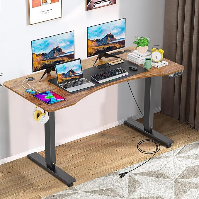 farexon 55 x 24 inch Standing Desk Electric Adjustable Height with Charging Station, Stand up Desk with Oversized Mouse Pad, Ergonomic Curved Workstation, 4 Caster, 4 Preset Heights Easy to Set（Brown