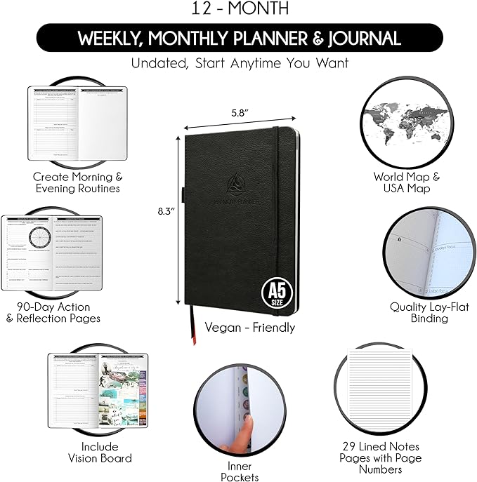 Life & Goal Planner – Undated Daily, Weekly & Monthly Organizer with Habit Tracker, Time Management Tools, and Productivity Journal for Personal Growth and Success